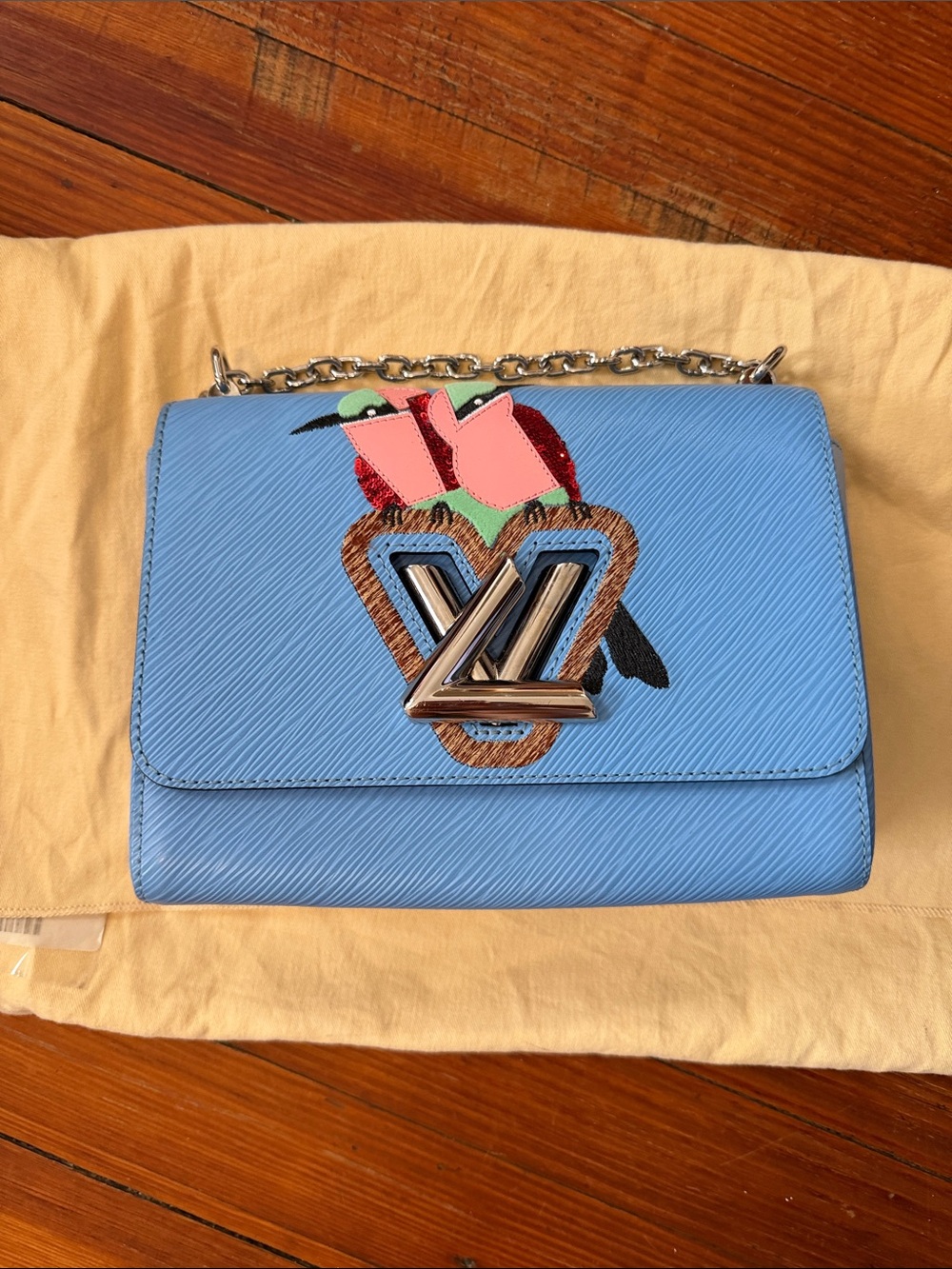 Auth. Louis Vuitton Twist Bag Light Blue Epi Leather with Sequin Birds Medium
